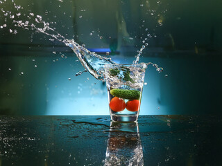 Poster - A splash of water erupts as tomatoes and cucumber drop into a glass, creating a vibrant, dynamic scene against a dark teal background. The image captures the moment of impact, showcasing the textures 