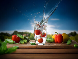 Poster - Refreshing scene of water splashing into a glass with cherry tomatoes, surrounded by cucumbers, peppers, and a blurred idyllic background.
