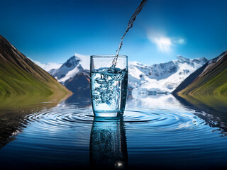 Aufkleber - Crystal-clear water pours into a glass, mirroring a serene mountain lake reflecting snow-capped peaks under a bright sun.  The scene evokes purity and refreshment.