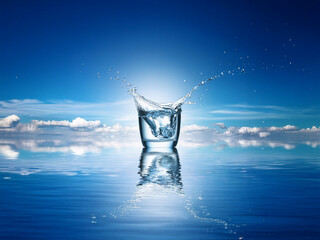 Aufkleber - A glass of water with ice cubes creates a splash against a vibrant blue sky and calm reflective water.  The scene evokes serenity and refreshment.