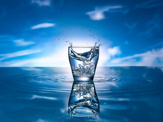 Aufkleber - A glass of water sits on a calm, reflective surface against a vibrant blue sky.  Water splashes dramatically, creating a sense of freshness and purity.