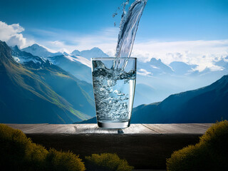 Aufkleber - Crystal-clear water pours into a glass, set against a majestic mountain backdrop.  The scene evokes purity and refreshment.