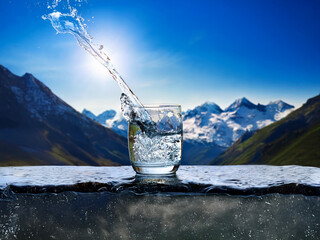 Aufkleber - Crystal-clear water splashes into a glass, set against a breathtaking mountain range under a vibrant blue sky.  The scene evokes purity and refreshment.