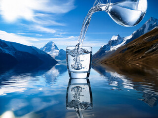 Pure water pours from a pitcher into a glass, reflected in a pristine mountain lake.  The scene evokes serenity and the purity of nature.