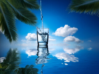 Aufkleber - Crystal-clear water pours into a glass, reflecting a vibrant sky and palm trees.  A serene tropical scene emphasizing the purity and refreshment of water.