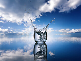 Aufkleber - A glass of water with ice, sits on a reflective surface, mirroring a vibrant blue sky filled with fluffy white clouds.  The water splashes dynamically, creating an energetic scene.