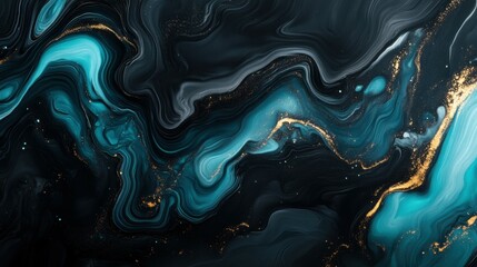 Poster - Abstract fluid art with swirling turquoise, black, and gold patterns.