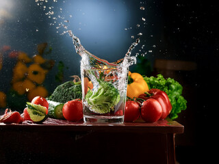 Fototapete - a glass of water splashes dramatically as a broccoli floret is dropped in. surrounding it are vibran