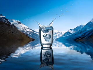 Aufkleber - A glass of water with ice splashes dramatically, reflecting in a serene mountain lake.  The snow-capped peaks create a stunning backdrop.  Purity and nature are evoked.