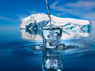 Aufkleber - Crystal-clear water pours into a glass, floating amidst ice cubes on calm blue water, with a majestic iceberg in the background.  A serene, pristine scene.