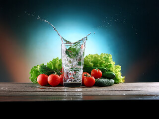 Poster - Refreshing splash of water in a glass, next to vibrant vegetables like tomatoes, cucumbers, and lettuce on a rustic wooden surface.  Cool, healthy, and hydrating.