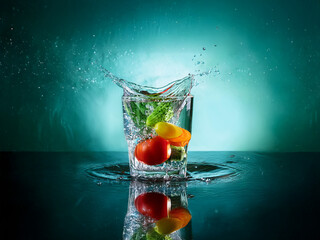 Poster - Vibrant vegetables  tomato, carrot, and broccoli  splash into a glass of water against a teal backdrop. The image showcases dynamic movement and refreshing colors.