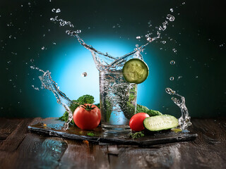 Poster - Refreshing cucumber and tomato water splash in a glass, surrounded by fresh produce on dark wood.  A vibrant, healthy image.