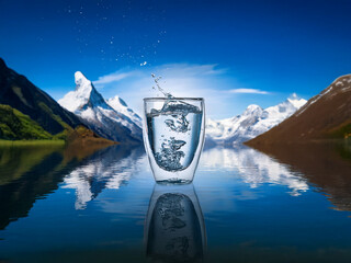 Aufkleber - A glass of pure water sits on a calm lake reflecting snow-capped mountains under a vibrant blue sky.  The water splashes dynamically, suggesting freshness and purity.