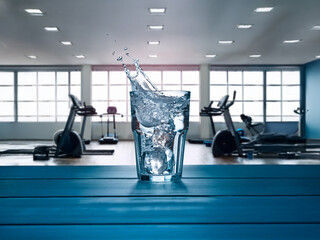 Leinwandbilder - Refreshing ice water splashes in a glass, set against the backdrop of a modern gym with exercise equipment.  Hydration is key for a workout.
