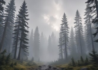Wall Mural - Overcast sky, misty atmosphere, towering firs ,  forest,  overcast,  firs