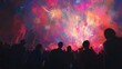 © achmad - Crowded festival spectators watch vibrant fireworks display at night.