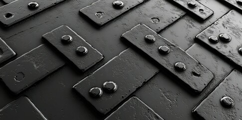 Poster - A textured surface featuring metal plates with rivets, suggesting industrial design.