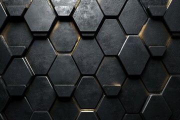 Poster - A textured wall featuring interlocking black hexagonal tiles with a metallic finish.