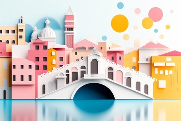Aufkleber - A clean flat design of the Rialto Bridge, simplified with bold lines and soft colors representing Venice charm