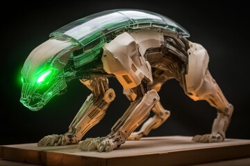 Poster - A cyberpunk-themed ivory sculpture glowing neon green under a futuristic holographic display
