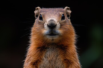 Wall Mural - A close-up portrait of a cute brown groundhog standing behind green leaves in the garden, basking in the sunlight and looking around