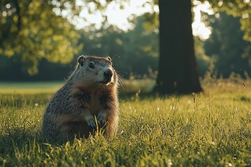 Wall Mural - On a broken tree, the groundhog (Marmota monax) is sometimes referred to as a woodchuck