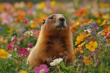 Wall Mural - A close-up shot of a cute brown ground hog situated behind green tomato leaves in the garden, with sunlight adding to the scene and the ground hog observing its environment