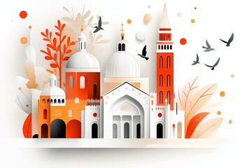 Poster - A flat design of St. Mark Square with pigeons flying over the basilica, captured in vibrant colors