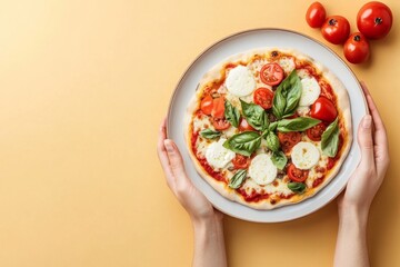 Aufkleber - A flat design of a Margherita pizza with vibrant toppings and a clean, circular shape