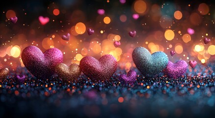 Poster - Abstract Christmas gradient background with bokeh glitter and red hearts, valentine day love relationship holiday event festive concept