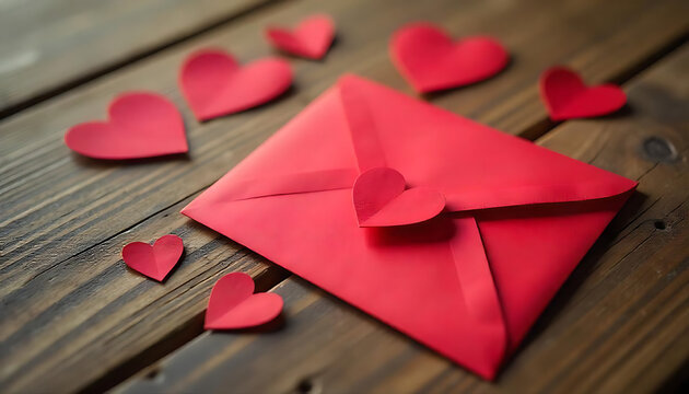 a red envelope with a heart-shaped seal, surrounded by various red paper hearts on a wooden surface, Valentine's Day Card-stock illustration, greeting card, banner, poster, created with generative ai