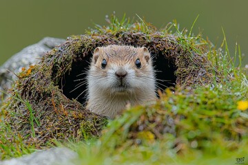 Wall Mural - A portrait of a marmot standing at the entrance of its burrow in Vercors, France