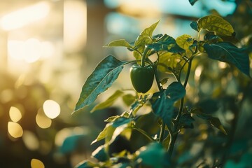 Poster - Young green pepper growing on a plant in a greenhouse at sunset.