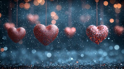 Poster - On a blue background, hearts in red and white. Happy Valentine's Day