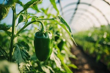 Poster - Green bell pepper growing on plant in greenhouse. (2)