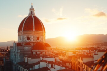 Aufkleber - A scenic view of Florence Duomo at sunrise, with the city rooftops bathed in warm golden light