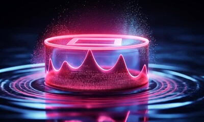 Wall Mural - Neon pink square on a digital cylinder in water.