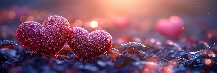 Poster - Wide screen wallpaper with a pink hearts pattern. Suitable for a Valentine's Day panoramic banner with text space