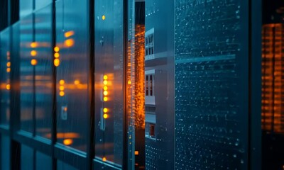 Wall Mural - Illuminated fiber optic cables in a server rack at night, rain visible on the glass.