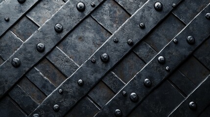 Poster - A textured metal surface with a pattern of interlocking plates and rivets.