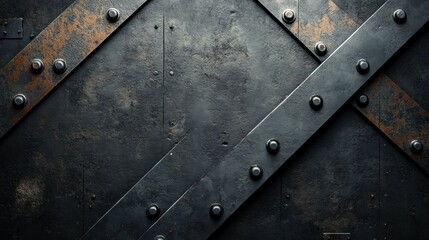 Poster - A textured metal wall with diagonal beams and rivets, conveying a sense of industrial design.