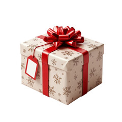 Festively Wrapped Gift Box with Red Ribbon and Snowflake Design