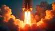 © abu - Close-up of a rocket launch with fiery flames and dramatic smoke, showcasing raw power.