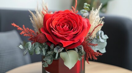 Sticker - Elegant red rose arrangement with elegant fillers in a stylish vase setting showcasing nature's beauty and floral artistry.