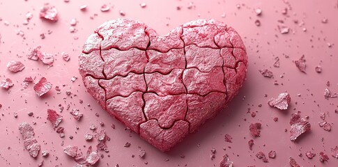 Poster - Valentine's Day celebration with heart jigsaw candy, gift box, and ball light decor. Holiday illustration banner includes copy space. Great for Valentine's and Mother's Day anniversary designs. 3D