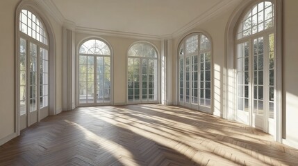 Fototapete - Spacious room with white tones and large windows showcasing natural light in a cozy home environment with parquet flooring.