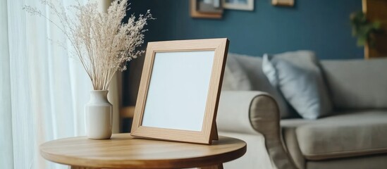 Fototapete - Elegant wooden picture frame mockup showcasing stylish decor in a cozy living room with soft lighting and minimalistic furnishings