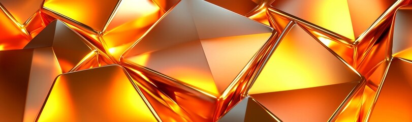 Poster - a 3d render showcasing an abstract gold crystal background with faceted texture, presented in a macro panorama format, creating a wide panoramic polygonal wallpaper