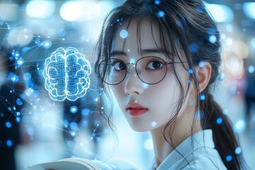 Poster - The student displays a book and a microprocessor with a brain gears symbol on a virtual screen. Learning Machine. Stock Education Technology. Academic Knowledge Library Digital Data Automation